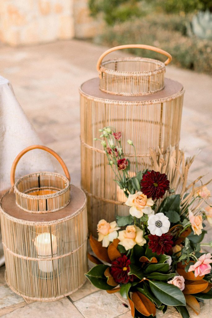 Detail photography of lanterns and fall floral arrangement
