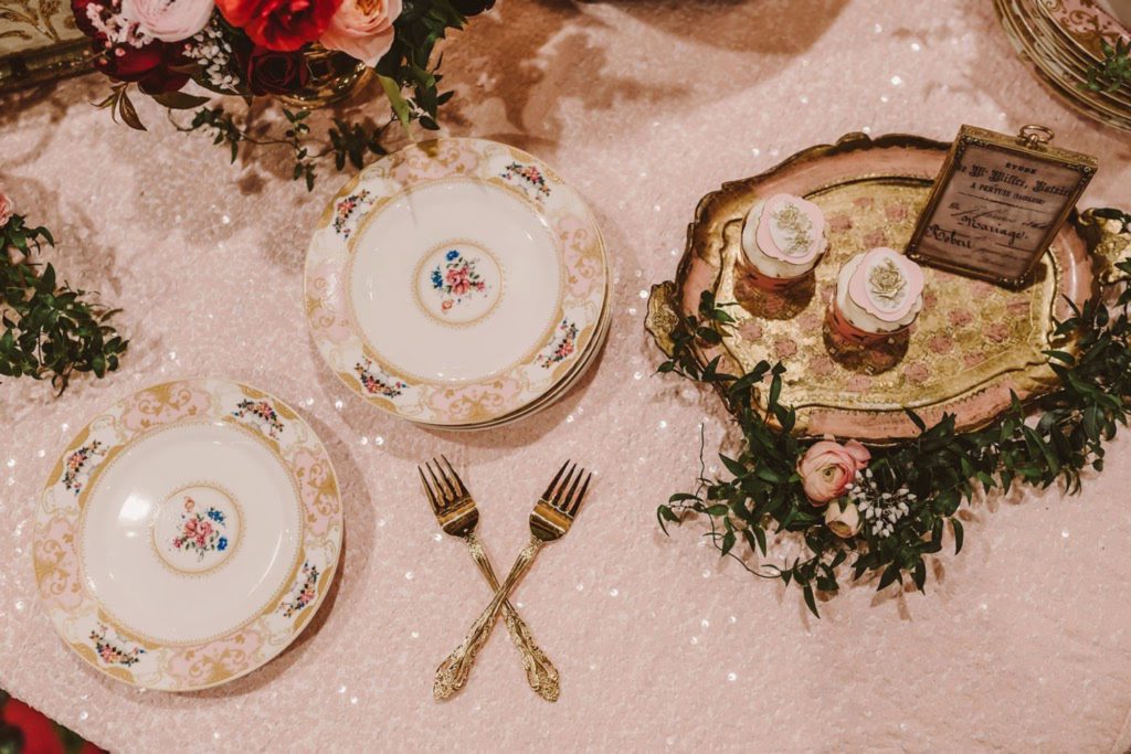 Vintage plates and ornate gold flatware by arroyo grande wedding planners sandcastle celebrations