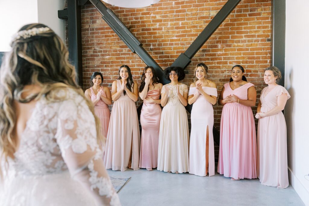 Bridesmaids excited to see bride before wedding at La Cuesta Ranch Wedding Designed by Janet Tacy of San Luis Obispo Wedding Planner Sandcastle Celebrations captured by Jen Rodriguez Photography