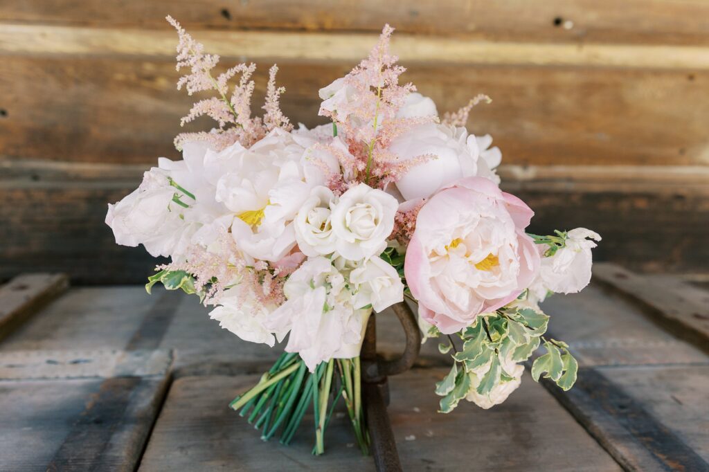 sweet pink and ivory bridal bouquet at La Cuesta Ranch Wedding Designed by Janet Tacy of San Luis Obispo Wedding Planner Sandcastle Celebrations captured by Jen Rodriguez Photography