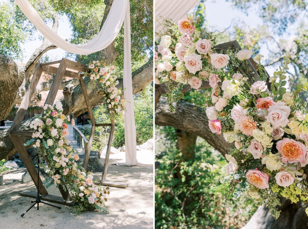 floral filled arch at La Cuesta Ranch Wedding Designed by Janet Tacy of San Luis Obispo Wedding Planner Sandcastle Celebrations captured by Jen Rodriguez Photography