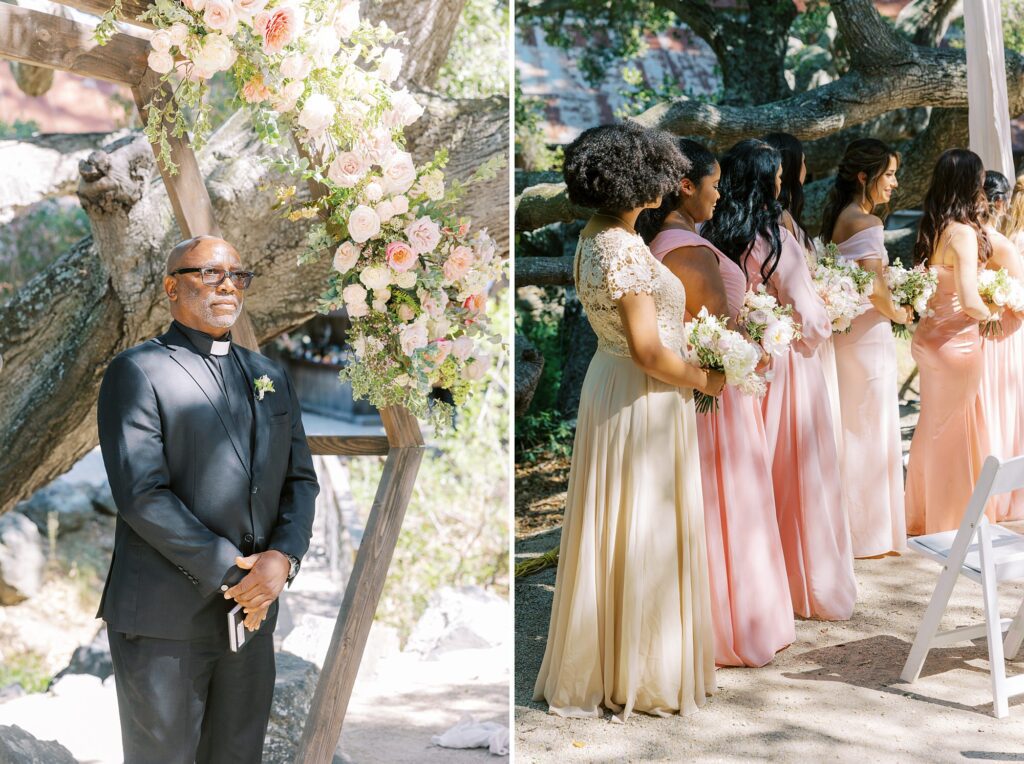 blush champagne and pink bridesmaids dresses at La Cuesta Ranch Wedding Designed by Janet Tacy of San Luis Obispo Wedding Planner Sandcastle Celebrations captured by Jen Rodriguez Photography
