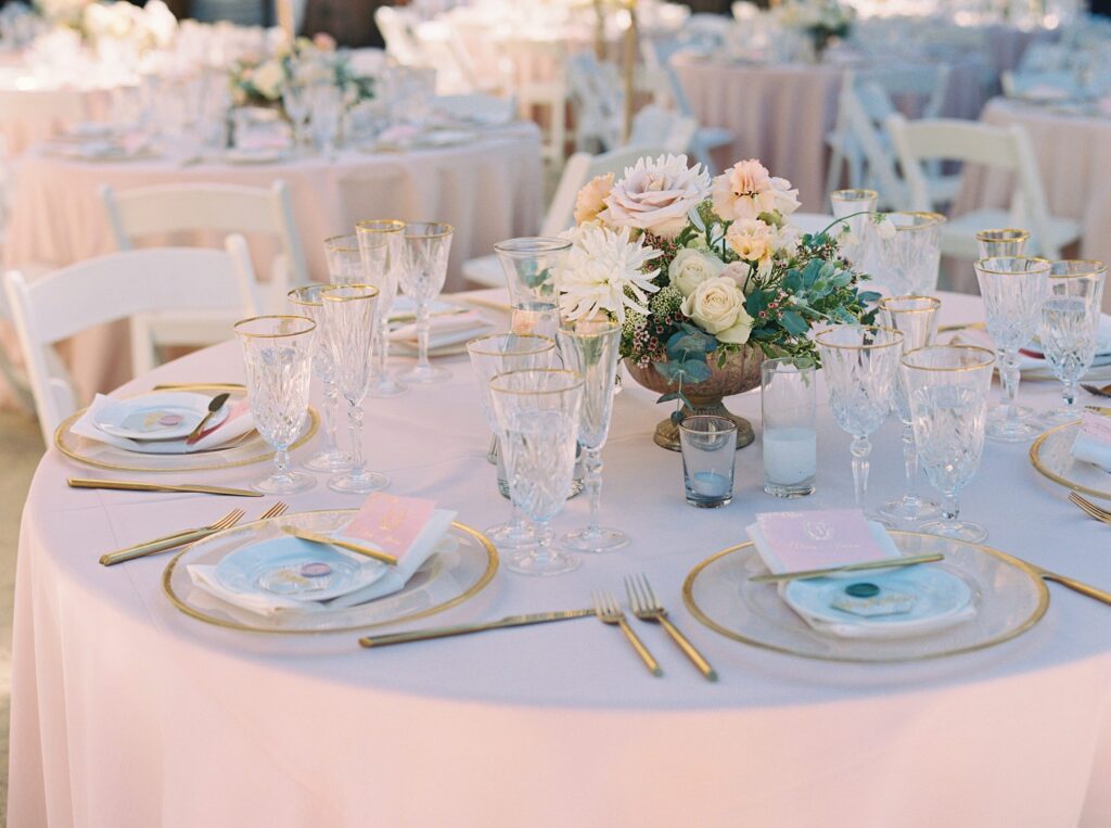 Blush and gold tables at La Cuesta Ranch Wedding Designed by Janet Tacy of San Luis Obispo Wedding Planner Sandcastle Celebrations captured by Jen Rodriguez Photography