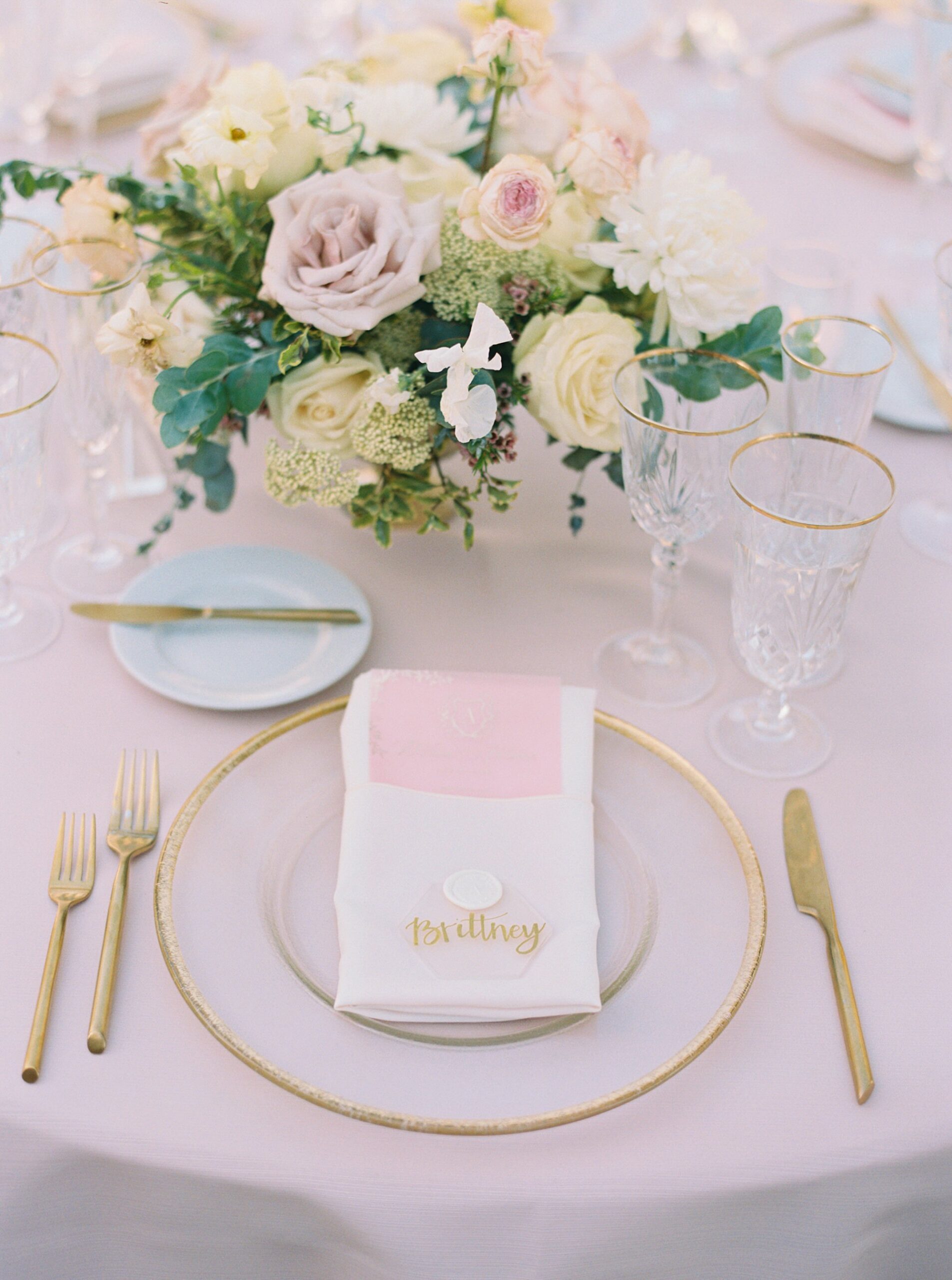 Table setting at La Cuesta Ranch Wedding Designed by Janet Tacy of San Luis Obispo Wedding Planner Sandcastle Celebrations captured by Jen Rodriguez Photography