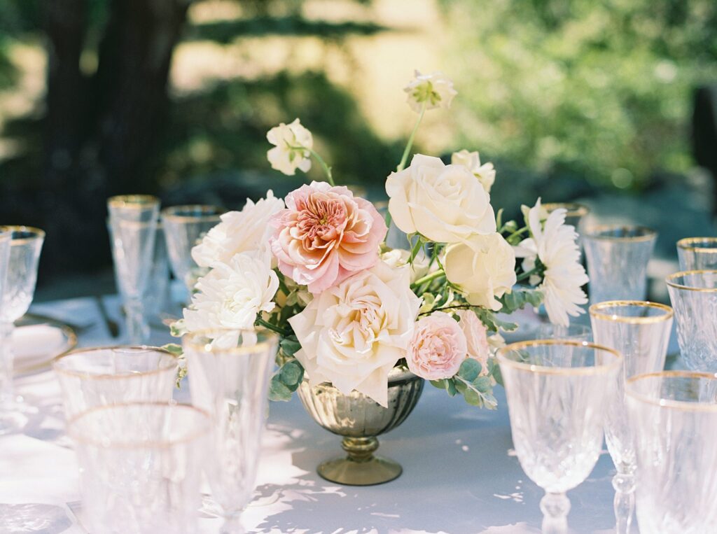 pink blush and ivory wedding center piece at La Cuesta Ranch Wedding Designed by Janet Tacy of San Luis Obispo Wedding Planner Sandcastle Celebrations captured by Jen Rodriguez Photography