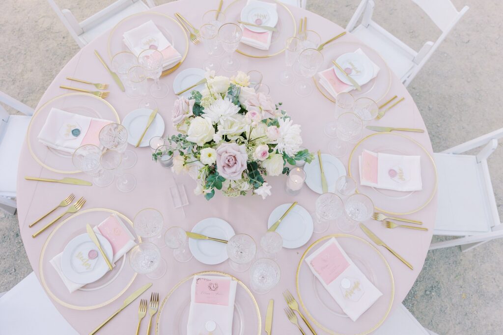 Overview of blush and gold circle tables at La Cuesta Ranch Wedding Designed by Janet Tacy of San Luis Obispo Wedding Planner Sandcastle Celebrations captured by Jen Rodriguez Photography