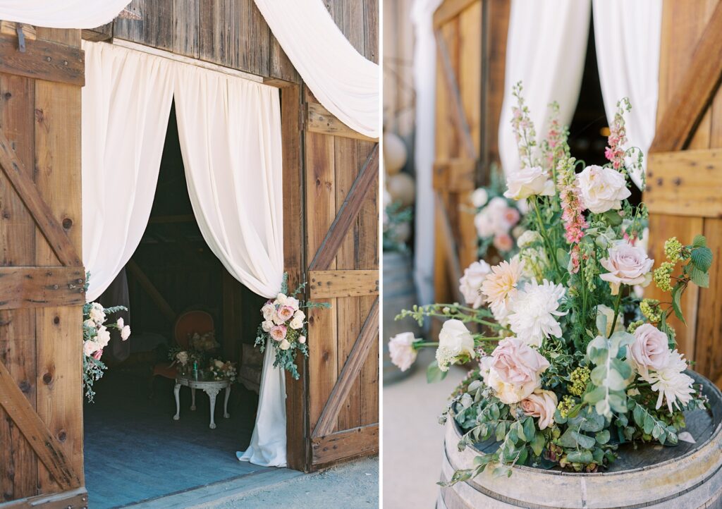 Drampery by Flowers by Kim at La Cuesta Ranch Wedding Designed by Janet Tacy of San Luis Obispo Wedding Planner Sandcastle Celebrations captured by Jen Rodriguez Photography