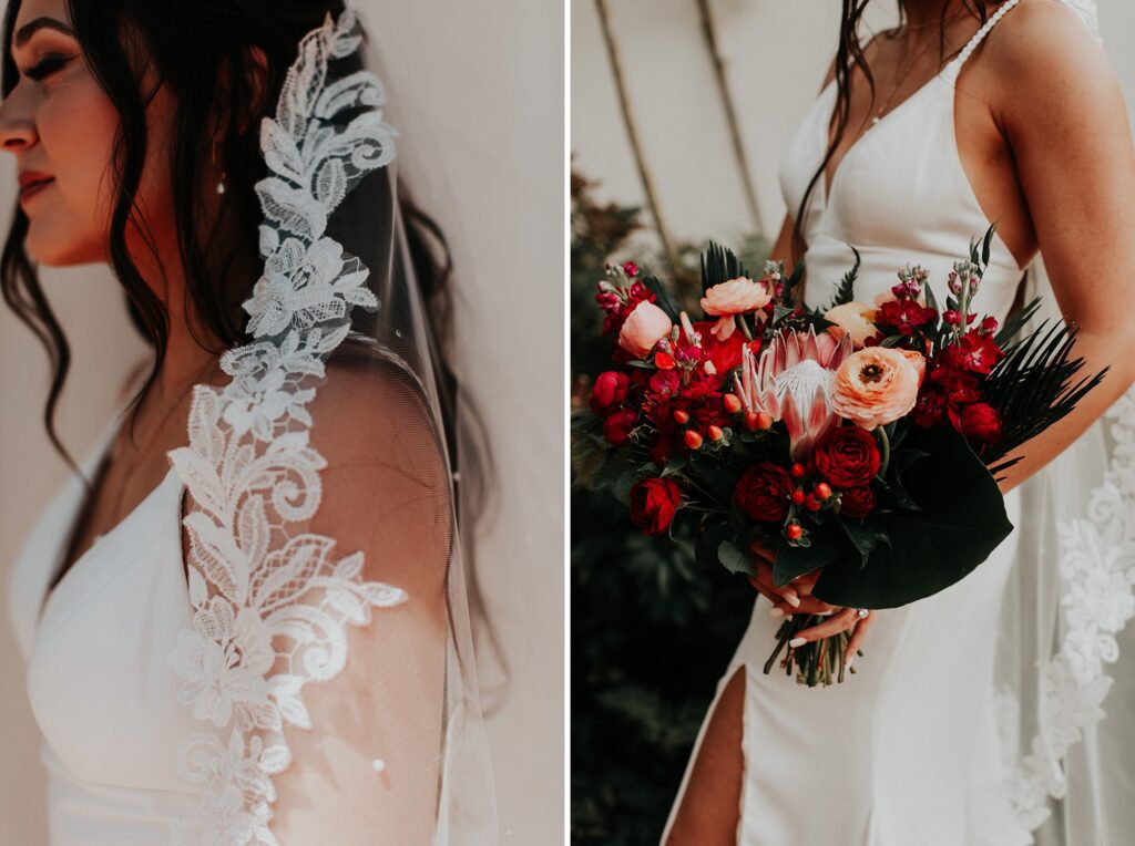 Bold red florals and lace lined veil at the Arroyo Grande Casitas Estate Wedding by SLO Wedding Planner Sandcastle Celebrations