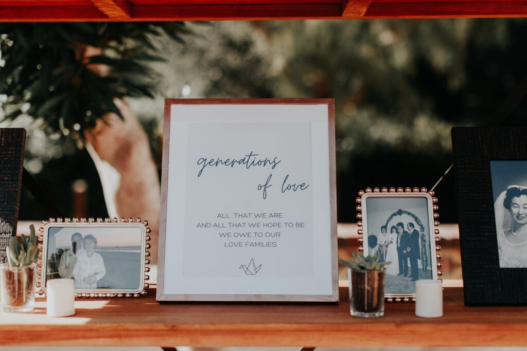 Generations of Love table sign at Japanese infused wedding at the Arroyo Grande Casitas Estate Wedding by SLO Wedding Planner Sandcastle Celebrations