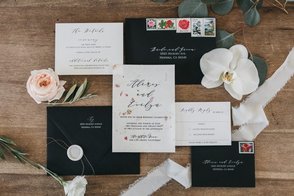 Black and White Wedding Invitations at White Barn Wedding coordinated by Janet Tacy of Edna Valley Wedding Planner Sandcastle Celebrations