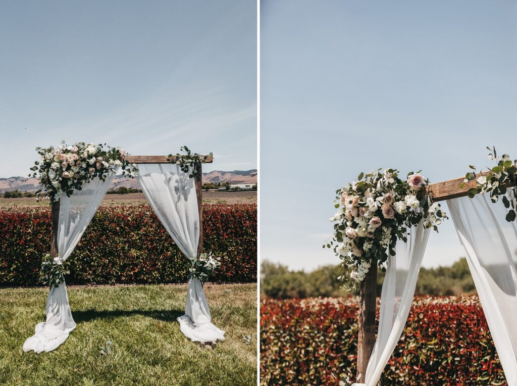 White draped ceremony arch at White Barn Wedding coordinated by Janet Tacy of Edna Valley Wedding Planner Sandcastle Celebrations